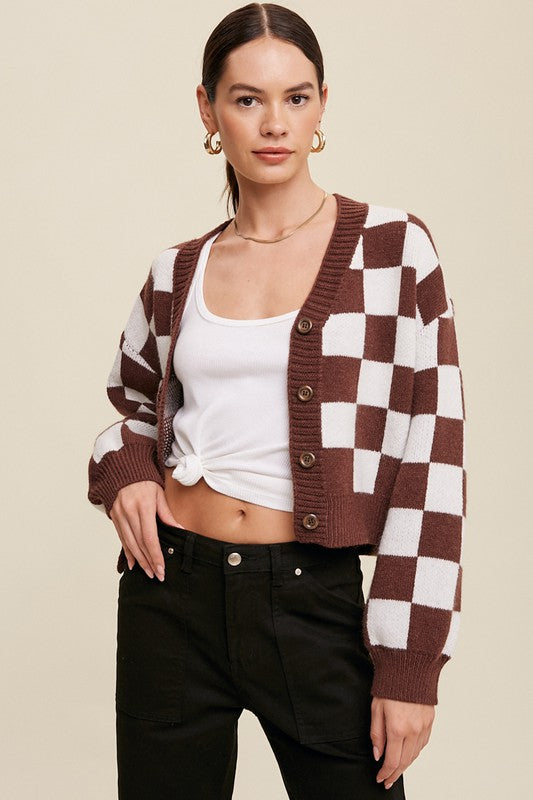 Listicle Checkered Cropped V-Neck Cardigan Sweater in 3 Colors