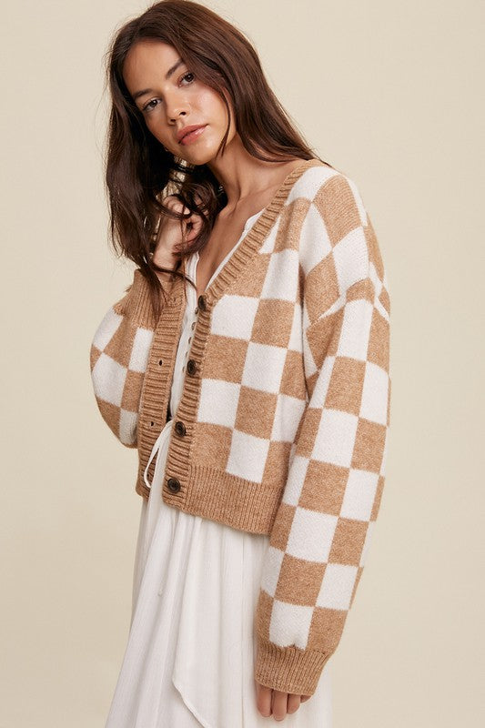 Listicle Checkered Cropped V-Neck Cardigan Sweater in 3 Colors