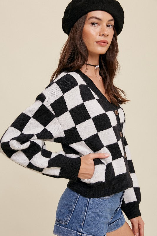 Listicle Checkered Cropped V-Neck Cardigan Sweater in 3 Colors