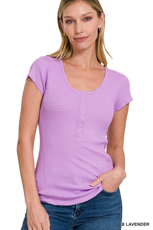 Zenana Waffle-Knit Fitted Cap Sleeve Round Neck Henley Top in 6 Colors NWT