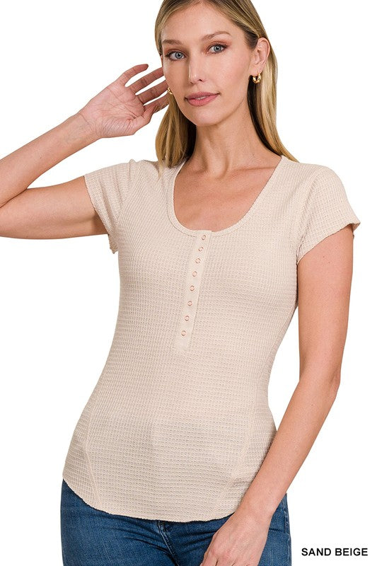 Zenana Waffle-Knit Fitted Cap Sleeve Round Neck Henley Top in 6 Colors NWT