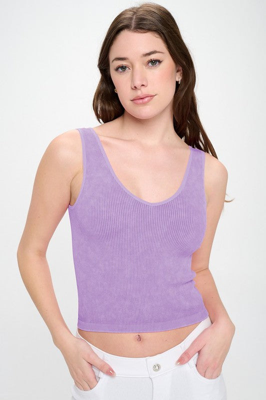 Yelete Activewear One Size Stone Washed Seamless Reversible Ribbed Cropped Tank in 16 Colors