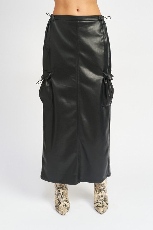 EMORY PARK PU LEATHER CARGO MAXI SKIRT