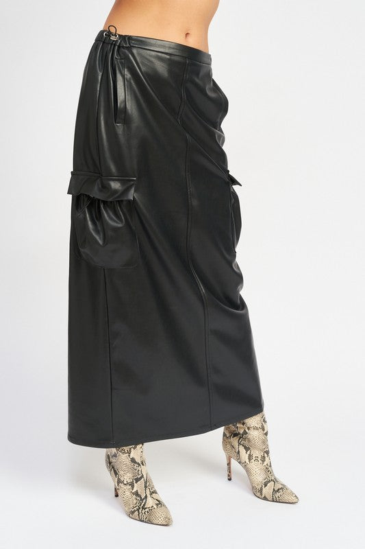 EMORY PARK PU LEATHER CARGO MAXI SKIRT