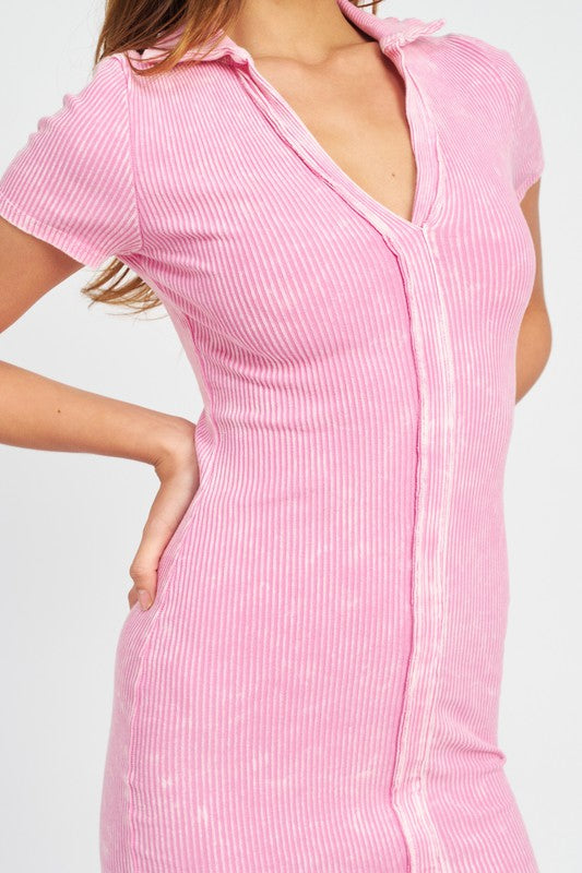 Emory Park Washed Ribbed V-Neck Mini Dress in Pink or Black