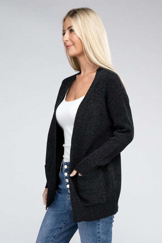 Zenana Melange Open Front Cardigan Sweater with Pockets in 4 Colors