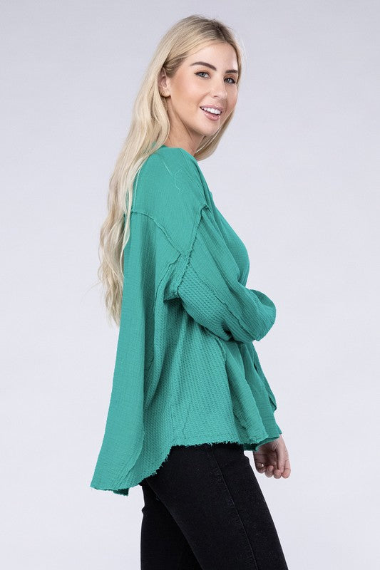 Zenana Double Cotton Gauze Oversized Raw Hem Henley Shirt in 8 Colors