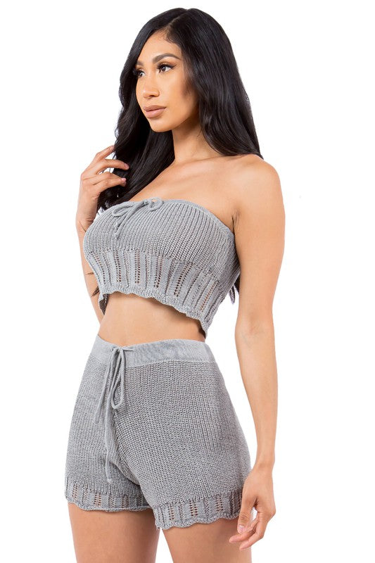 BY CLAUDE KNIT TWO PIECE BANDEAU TOP & DRAWSTRING SHORTS SET