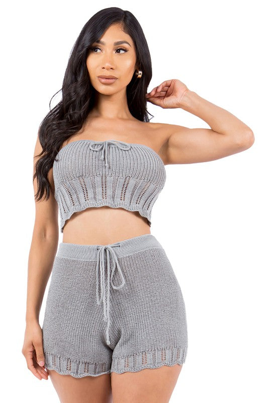 BY CLAUDE KNIT TWO PIECE BANDEAU TOP & DRAWSTRING SHORTS SET