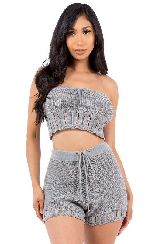 BY CLAUDE KNIT TWO PIECE BANDEAU TOP & DRAWSTRING SHORTS SET