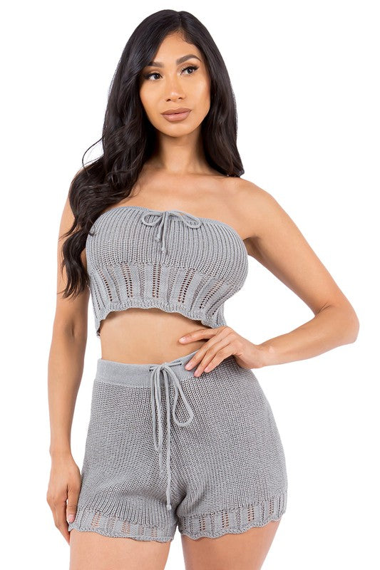 BY CLAUDE KNIT TWO PIECE BANDEAU TOP & DRAWSTRING SHORTS SET