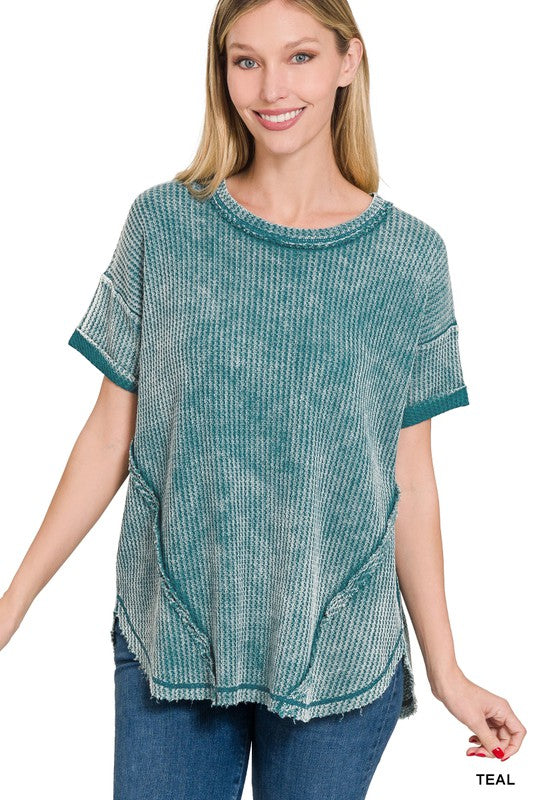 Zenana Mineral Washed Waffle-Knit Raw Hem Round Neck Tunic Top in 3 Colors