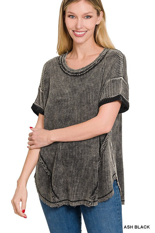 Zenana Mineral Washed Waffle-Knit Raw Hem Round Neck Tunic Top in 3 Colors