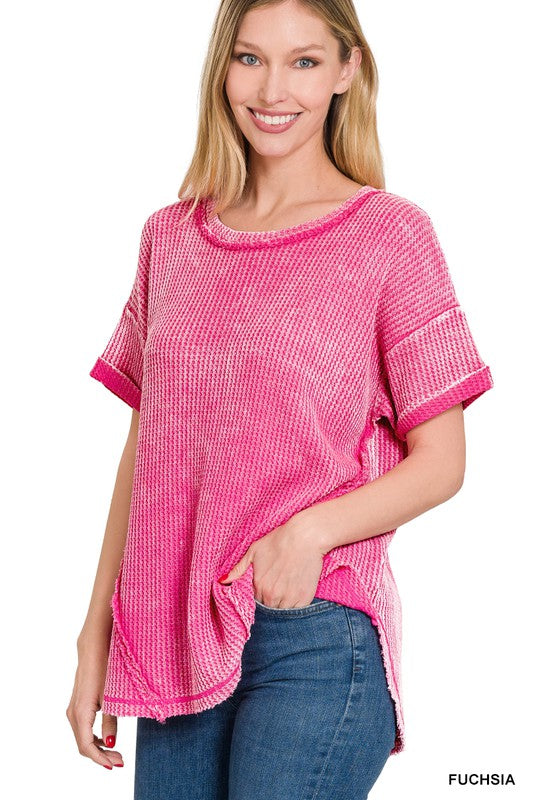 Zenana Mineral Washed Waffle-Knit Raw Hem Round Neck Tunic Top in 3 Colors