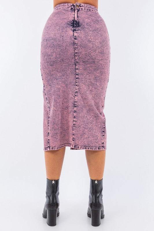 GJG Denim High Rise Slit Denim Midi Skirt in Mineral Wash Pink