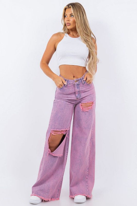 GJG Denim Vintage Ripped Wide Leg Jeans in Mineral Pink