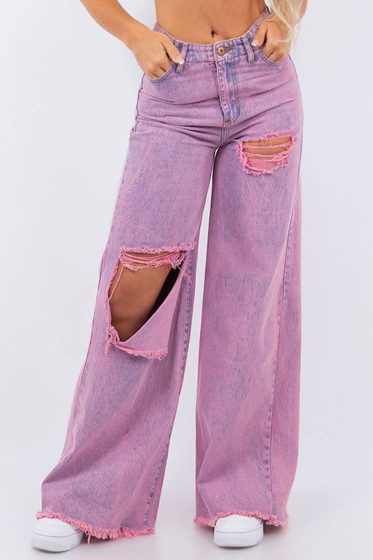 GJG Denim Vintage Ripped Wide Leg Jeans in Mineral Pink