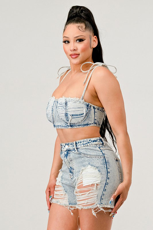 ATHINA No Strings Attached Distressed Denim Crop Top and Shorts Set