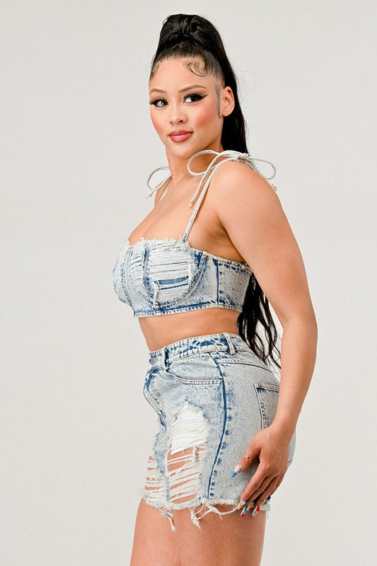 ATHINA No Strings Attached Distressed Denim Crop Top and Shorts Set