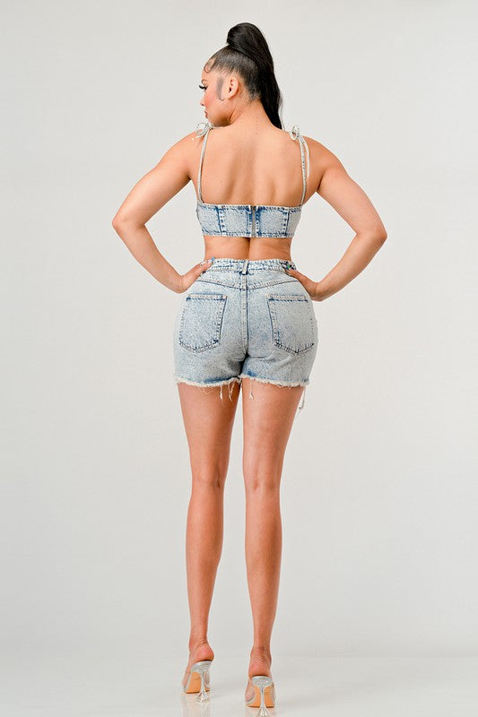 ATHINA No Strings Attached Distressed Denim Crop Top and Shorts Set