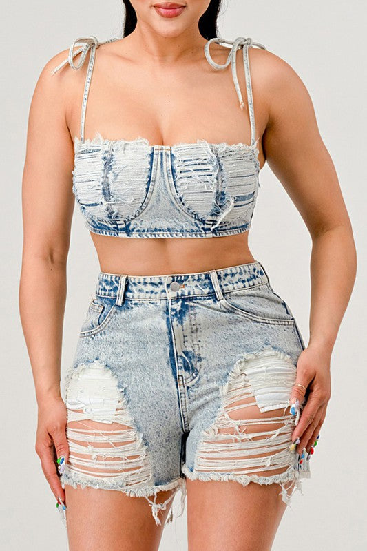 ATHINA No Strings Attached Distressed Denim Crop Top and Shorts Set