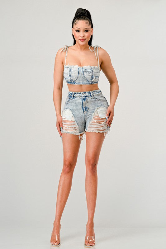 ATHINA No Strings Attached Distressed Denim Crop Top and Shorts Set