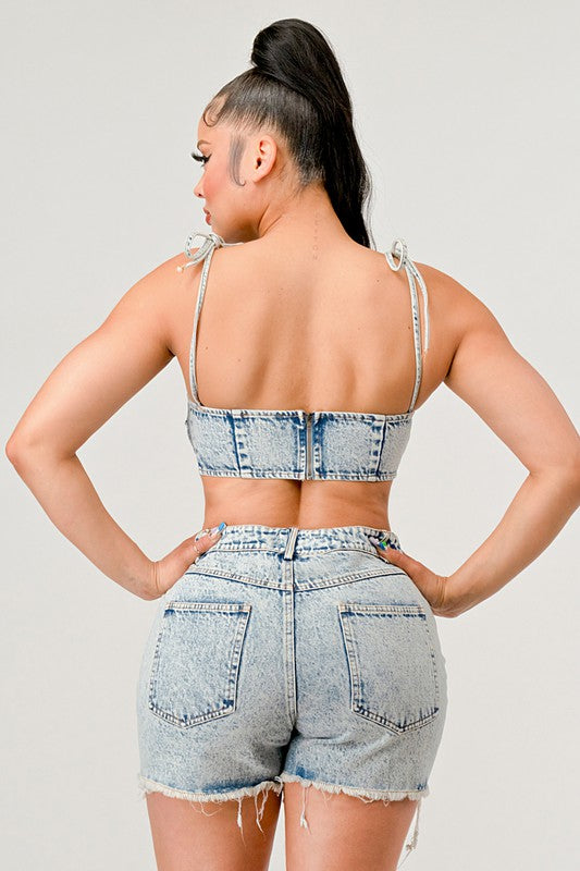 ATHINA No Strings Attached Distressed Denim Crop Top and Shorts Set