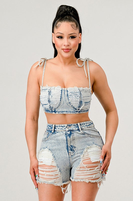 ATHINA No Strings Attached Distressed Denim Crop Top and Shorts Set