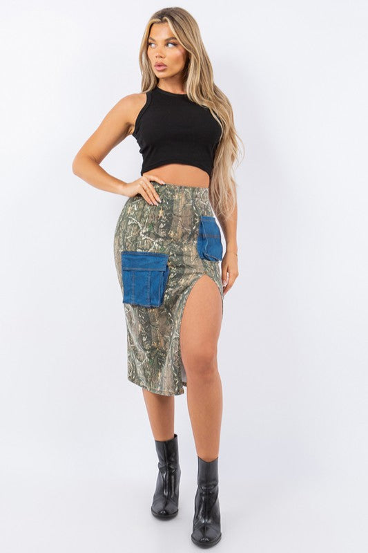 GJG Denim Cargo Skirt with Contrast Pockets in Woodland Camo