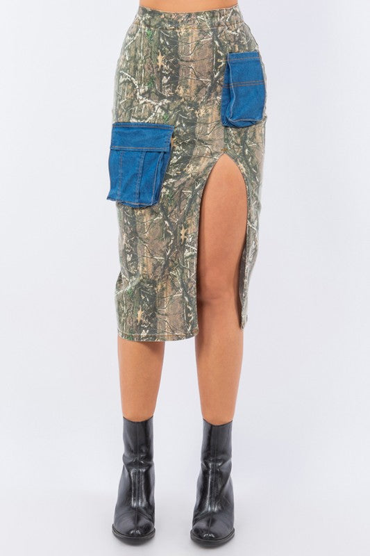 GJG Denim Cargo Skirt with Contrast Pockets in Woodland Camo