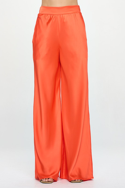 Stretch Satin Pants w/ Elastic Waist and Pockets