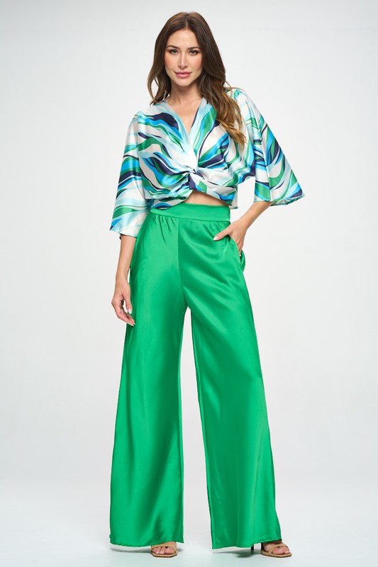 Stretch Satin Pants w/ Elastic Waist and Pockets