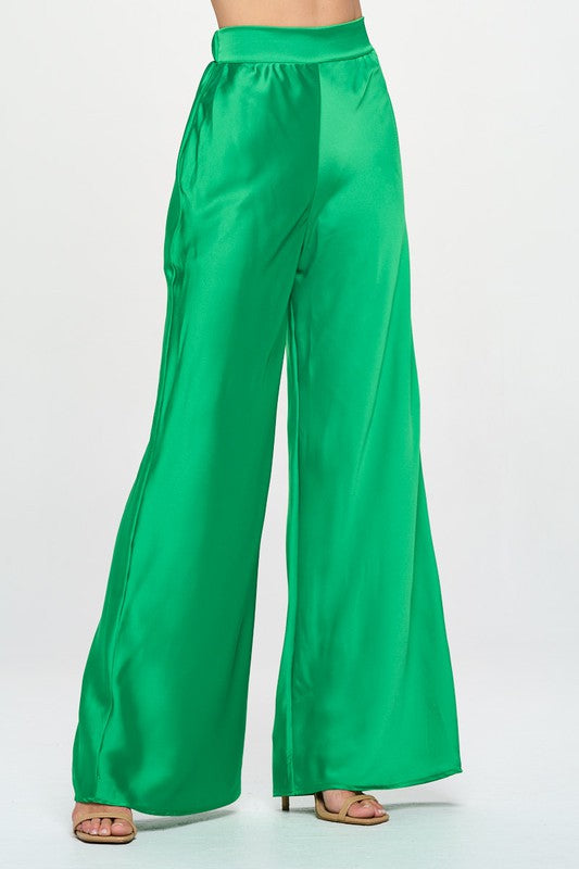 Stretch Satin Pants w/ Elastic Waist and Pockets