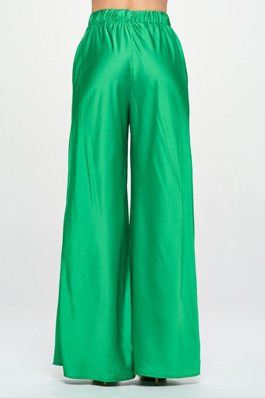 Stretch Satin Pants w/ Elastic Waist and Pockets