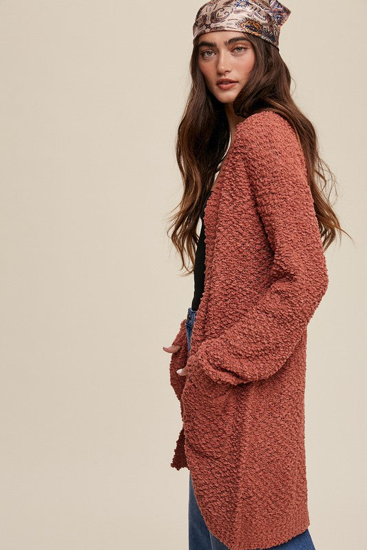 Popcorn Open Knit Cardigan Sweater