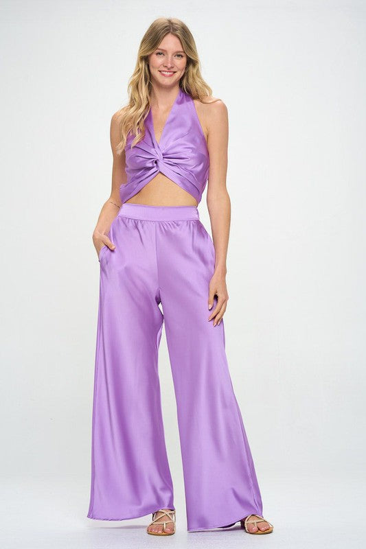 Stretch Satin Pants w/ Elastic Waist and Pockets