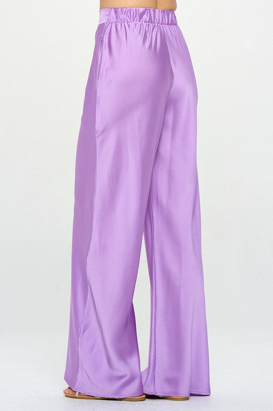 Stretch Satin Pants w/ Elastic Waist and Pockets