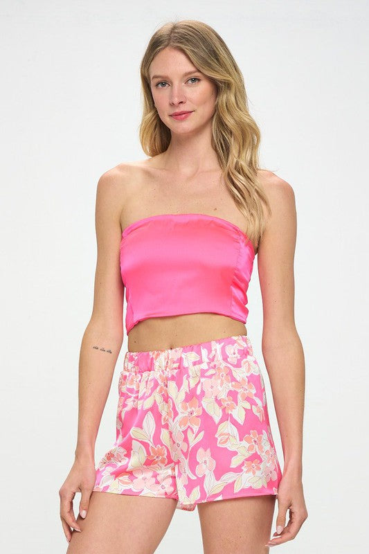 Renee C Stretch Satin Tube Top with Back Tie in Neon Pink