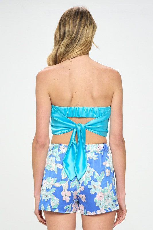 Renee C Stretch Satin Tube Top with Back Tie in Neon Blue