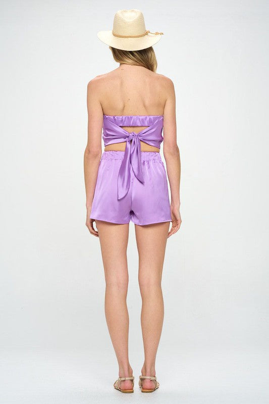 Renee C Stretch Satin Tube Top with Back Tie in Neon Lavender