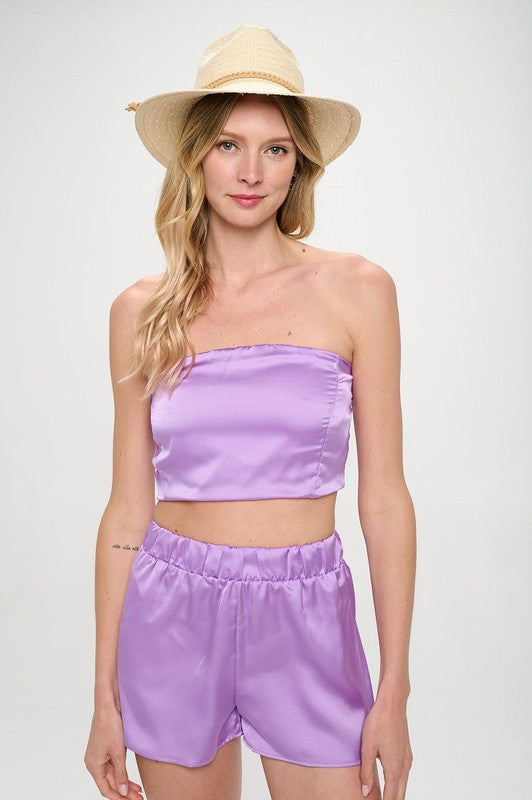 Renee C Stretch Satin Tube Top with Back Tie in Neon Lavender