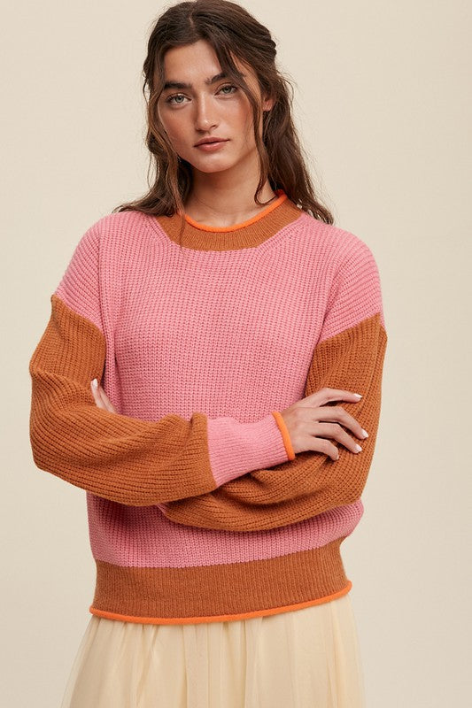 Listicle Color Block Ribbed Knit Rolled Crew Neck Sweater