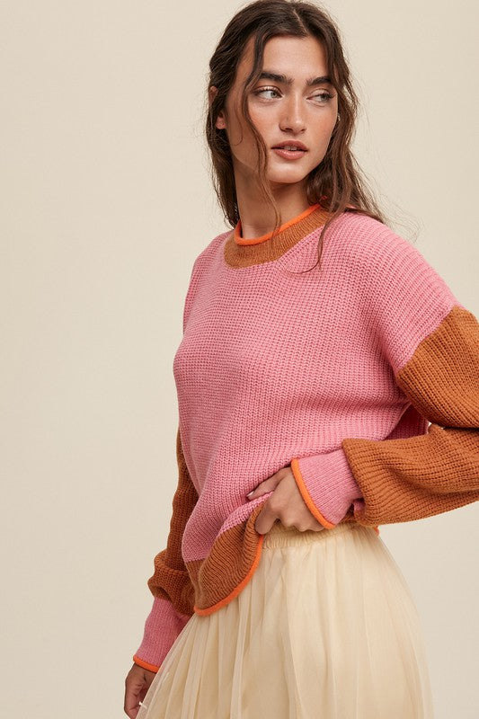 Listicle Color Block Ribbed Knit Rolled Crew Neck Sweater