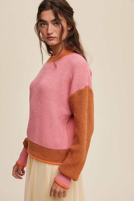 Listicle Color Block Ribbed Knit Rolled Crew Neck Sweater