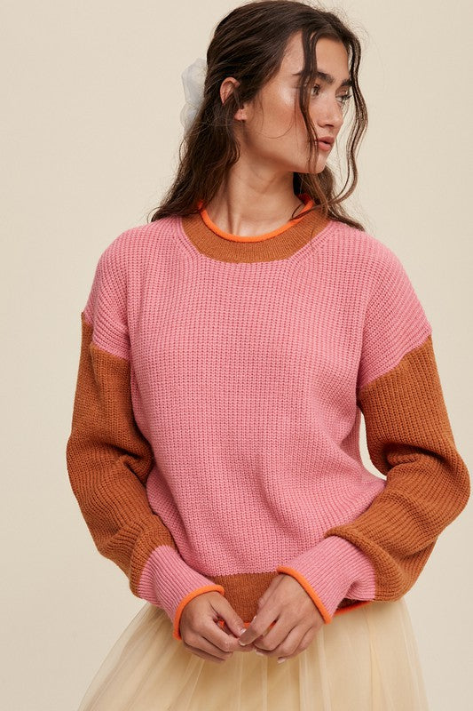 Listicle Color Block Ribbed Knit Rolled Crew Neck Sweater