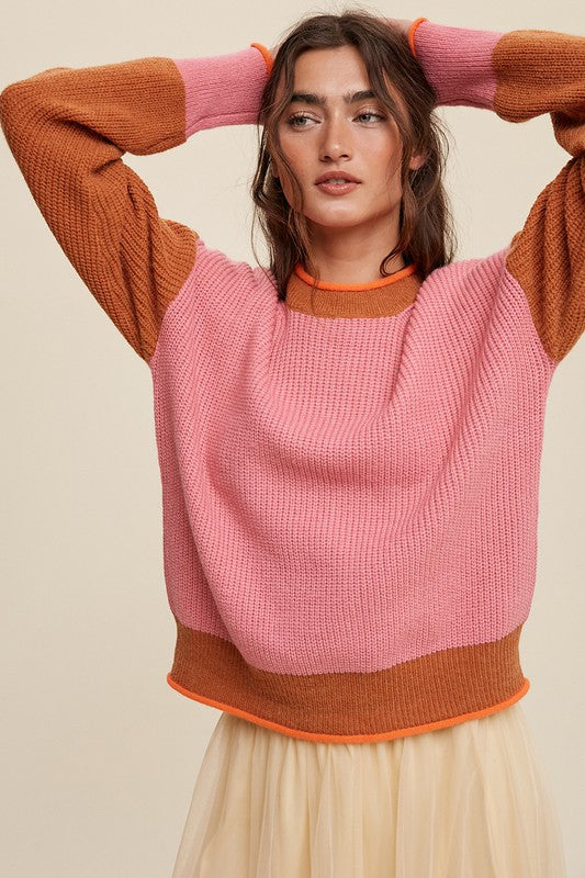 Listicle Color Block Ribbed Knit Rolled Crew Neck Sweater