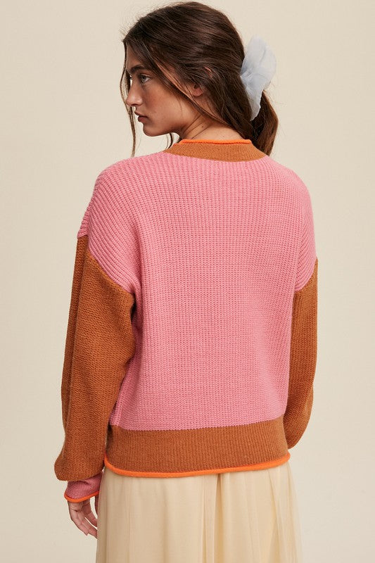 Listicle Color Block Ribbed Knit Rolled Crew Neck Sweater