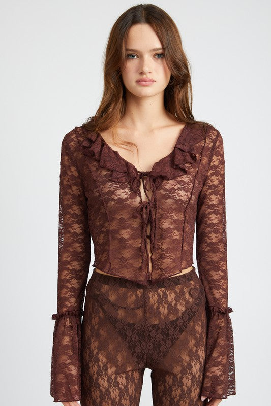 EMORY PARK SEE THROUGH LACE BELL SLEEVE RUFFLE NECK BLOUSE