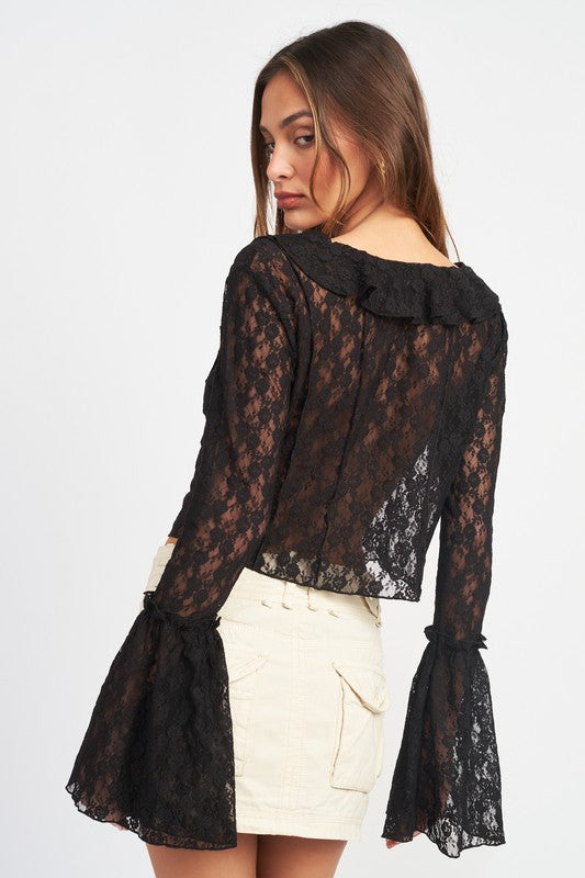 EMORY PARK SEE THROUGH LACE BELL SLEEVE RUFFLE NECK BLOUSE