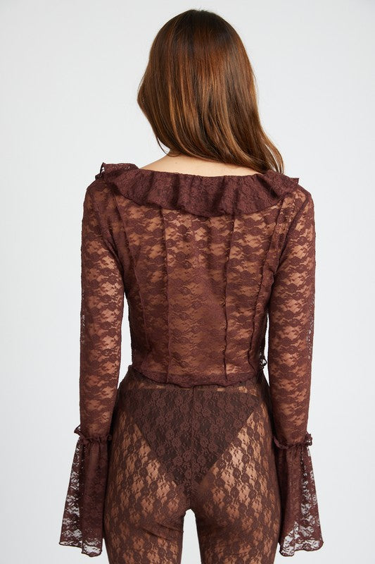 EMORY PARK SEE THROUGH LACE BELL SLEEVE RUFFLE NECK BLOUSE